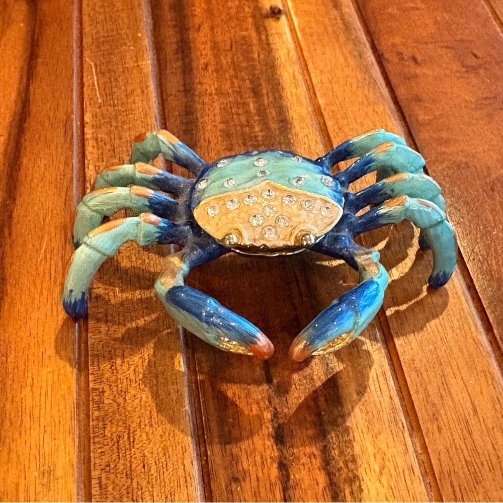 Blue Enamel Rhinestone Crab Jewelry Trinket Box Magnetic Metal Pearl